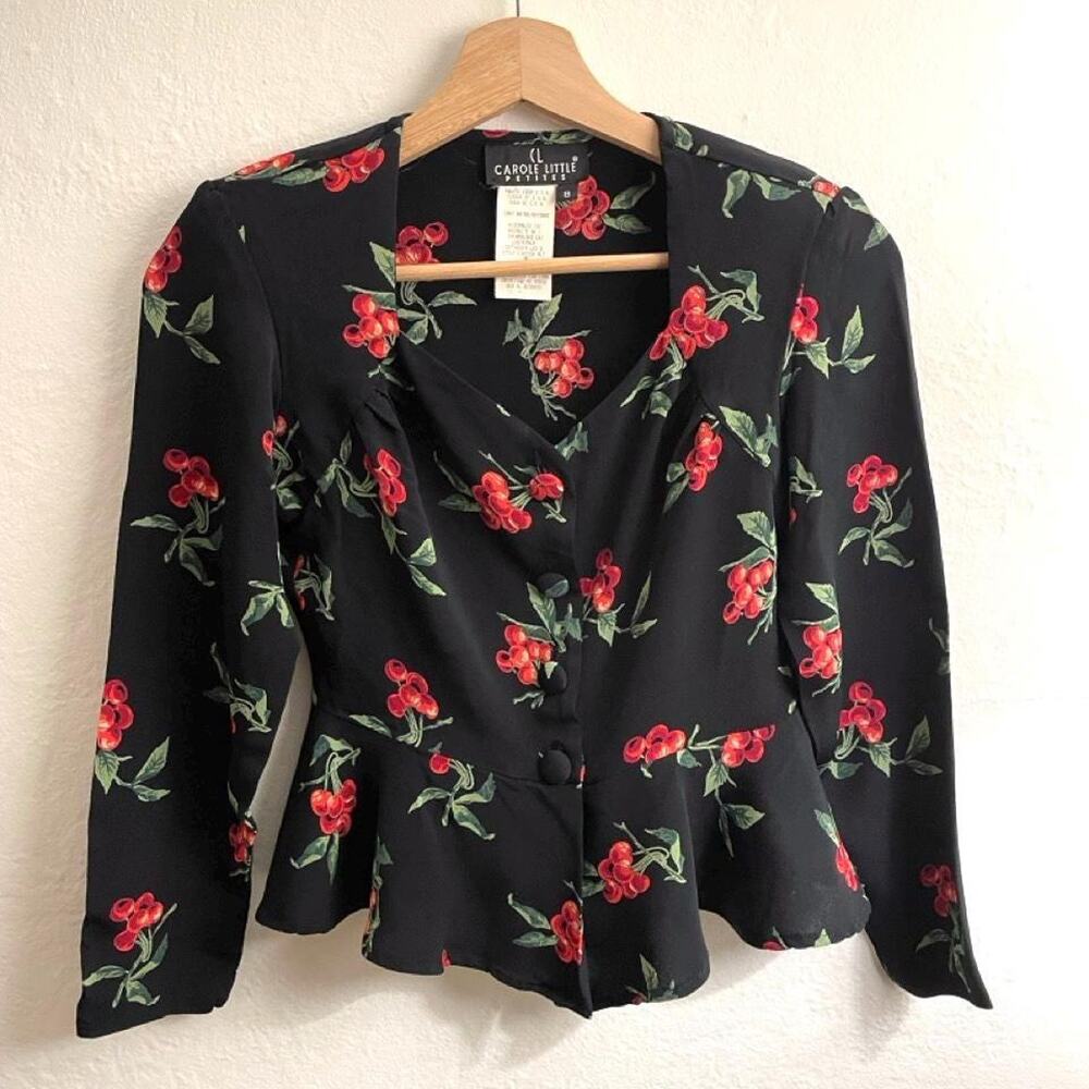 Vtg 90s Cherry Print Peplum Blouse, Sz 8, Rockabilly Pinup Retro 40s Sweetheart